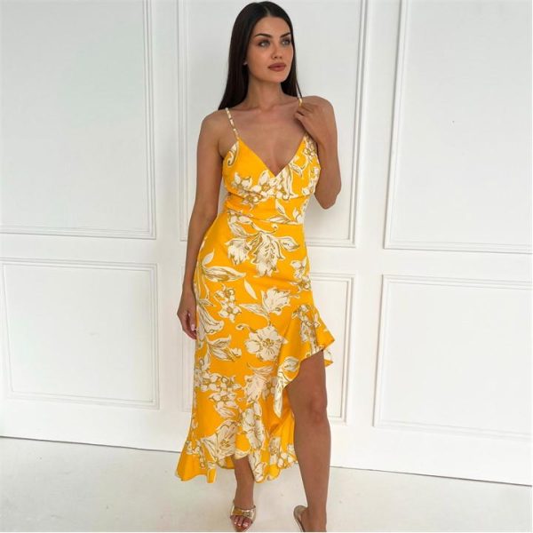 AX Paris Yellow Floral Printed Strappy High Low Frill Hem Midi Dress