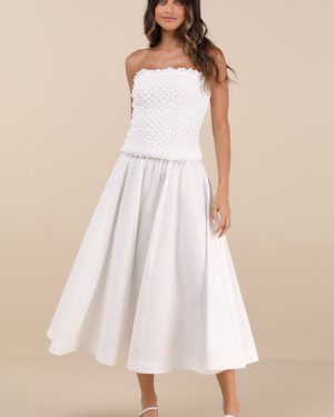 Aaralyn White Textured Strapless Drop Waist Midi Dress
