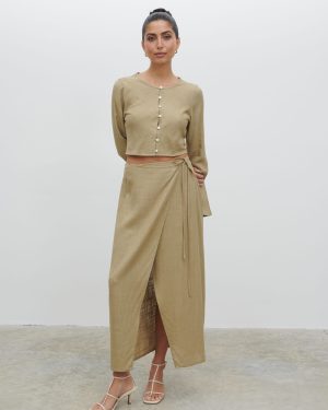 Abigail Wrap Linen Midaxi Skirt - Olive, 16