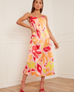 Abstract Print Midi Slip Dress in Orange - 8