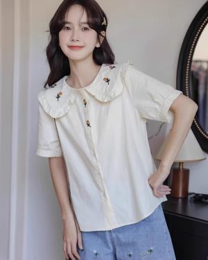 Academic Lolita Blouses Ruffles Embroidered Short Sleeves Blouse Lolita Top White Lolita Shirt
