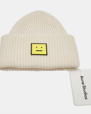 Acne Studio Ivory Rib Knit Evil Face Logo Beanie One Size