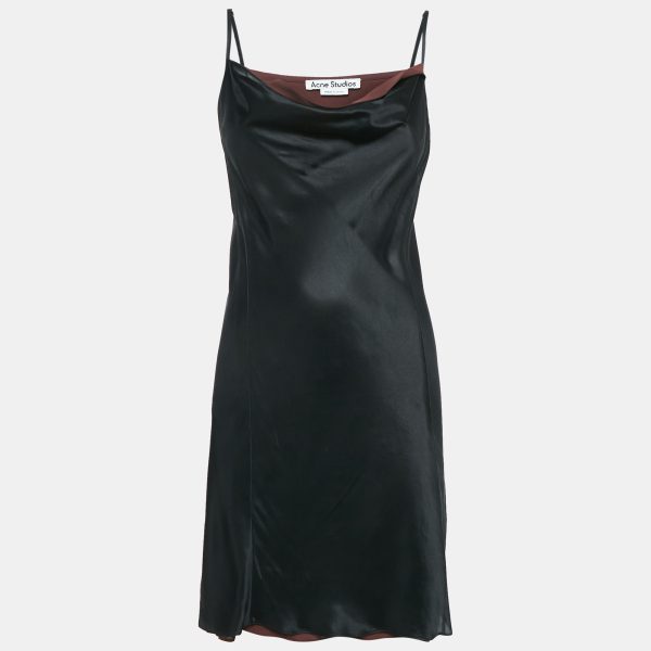Acne Studios Black Satin Silk Cowl Neck Mini Slip Dress S