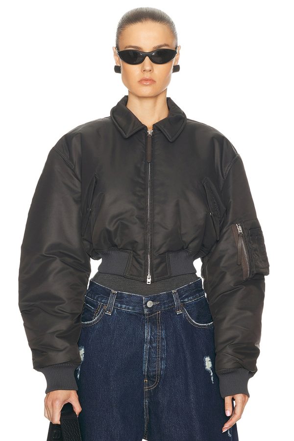 Acne Studios Shiny Nylon Bomber Jacket in Anthracite Grey - Grey. Size 42 (also in ).