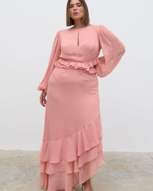 Adelina Cut Out Ruffle Maxi Dress Curve - Apricot Ice, 26