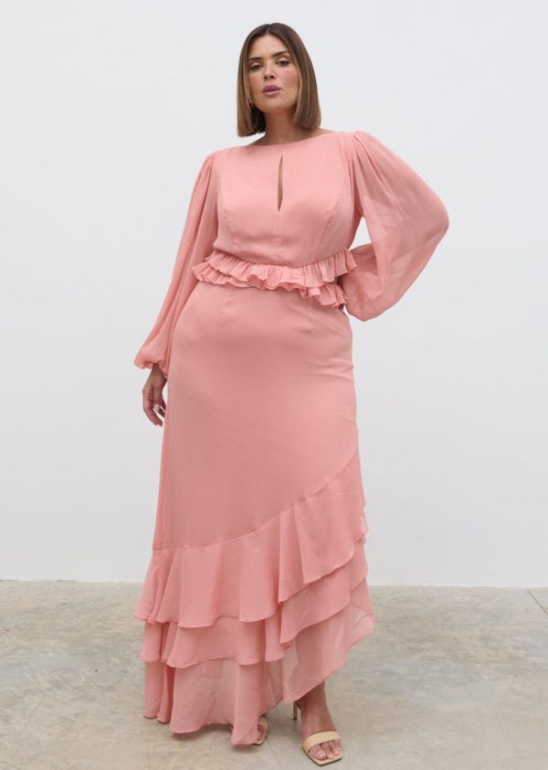 Adelina Cut Out Ruffle Maxi Dress Curve - Apricot Ice, 26