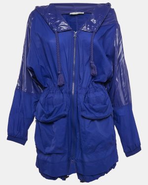 Adidas x Stella McCartney Blue Coated Nylon Cinched Waist Windbreaker Hoodie Jacket XS