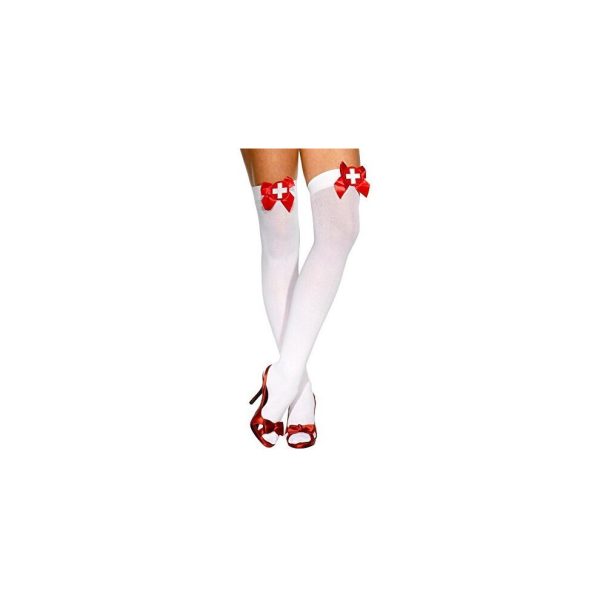 Adult's White Opaque Stockings - nurse stockings opaque fancy dress white womens costume hold ups cross bow ladies sexy