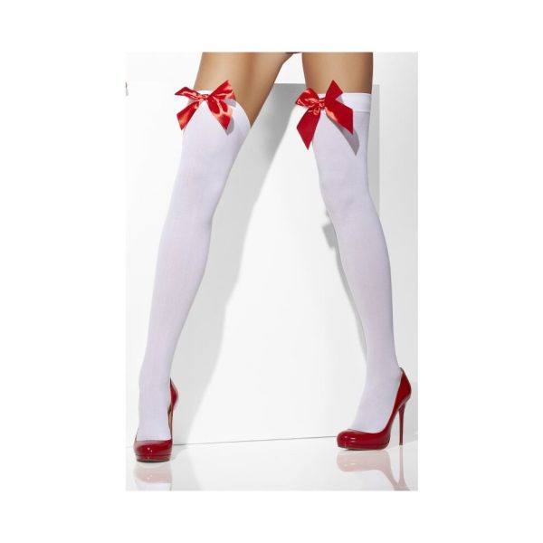 Adult's White Opaque Stockings - white stockings with red ladies hold opaque bows womens fancy dress ups holdups thigh