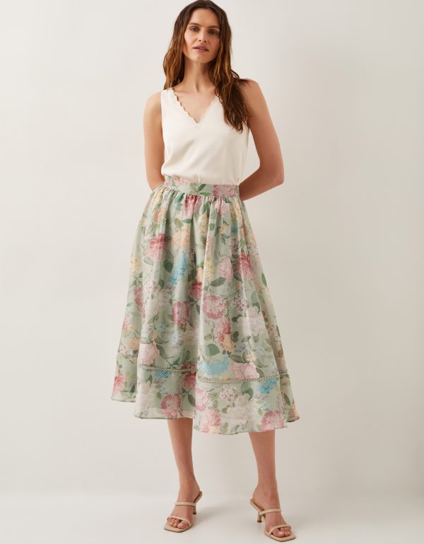 Agnes Floral Print Midi Skirt Green