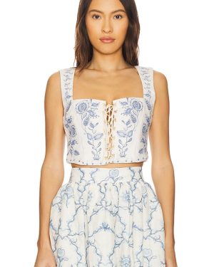 Agua by Agua Bendita Cornalina Floritura Corset Top in Ivory. Size M, S, XL.