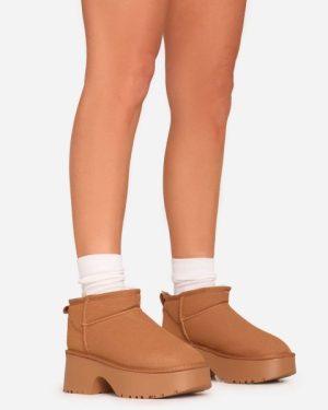 Akitar Faux Fur Lining Platform Block Heel Ankle Boot In Chestnut Faux Suede, Women's Size UK 5