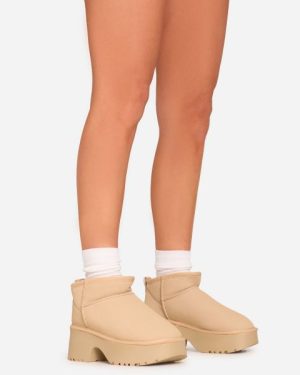 Akitar Faux Fur Lining Platform Block Heel Ankle Boot In Sand Faux Suede, Women's Size UK 5