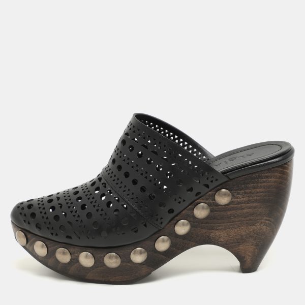 Alaia Black Leather Le Sabot Clogs Wedge Sandals Size 37