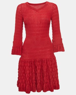 Alaia Red Chenille Wool Patterned Long Sleeve Skater Dress M