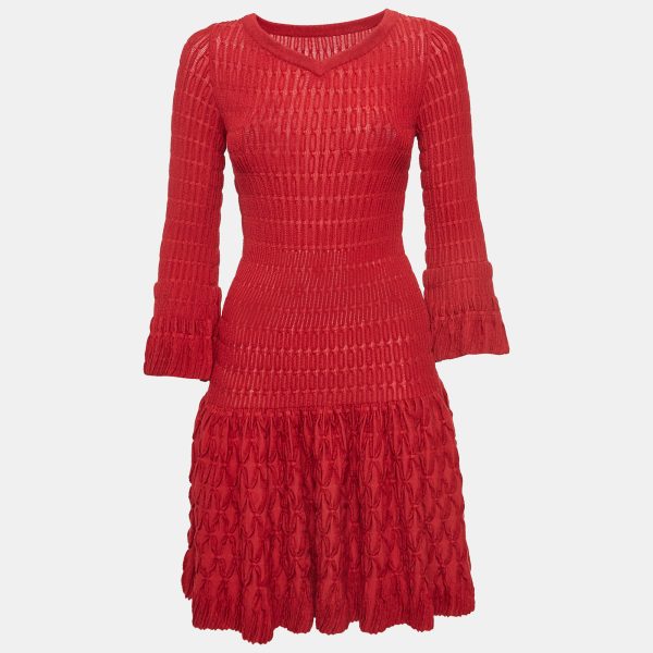 Alaia Red Chenille Wool Patterned Long Sleeve Skater Dress M