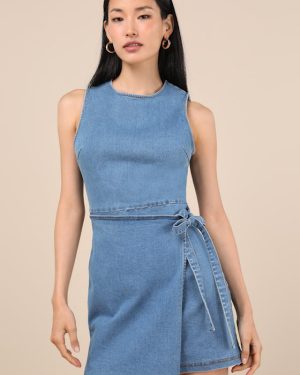 Albena Medium Wash Denim Sleeveless Mini Wrap Dress