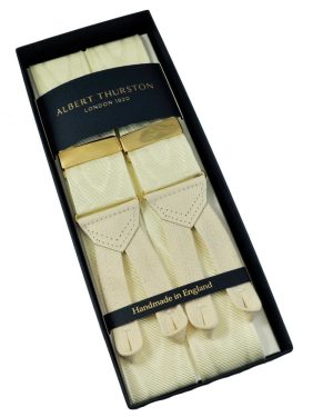 Albert Thurston Trouser Braces - Ivory Moire with Ivory Leather and Ivory Braid Ends - Gold Sliders