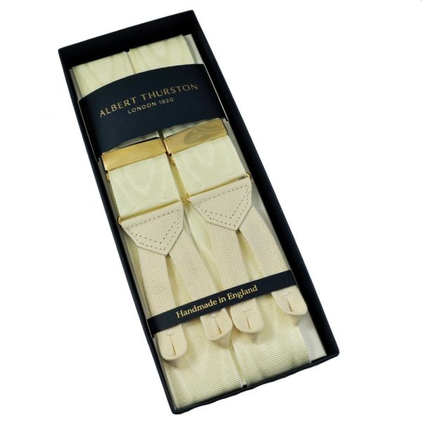 Albert Thurston Trouser Braces - Ivory Moire with Ivory Leather and Ivory Braid Ends - Gold Sliders