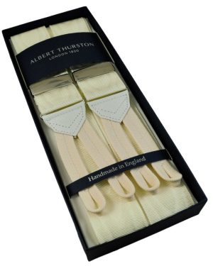 Albert Thurston Trouser Braces - Ivory Moire with White Leather and Ivory Braid Ends - Silver Sliders