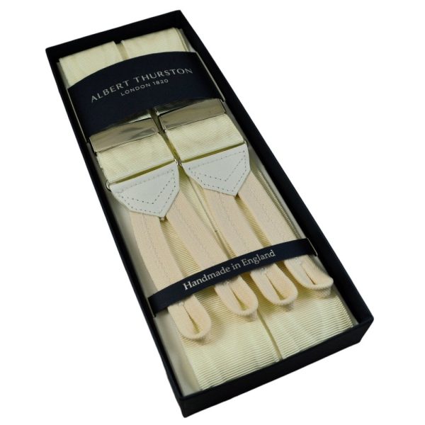 Albert Thurston Trouser Braces - Ivory Moire with White Leather and Ivory Braid Ends - Silver Sliders