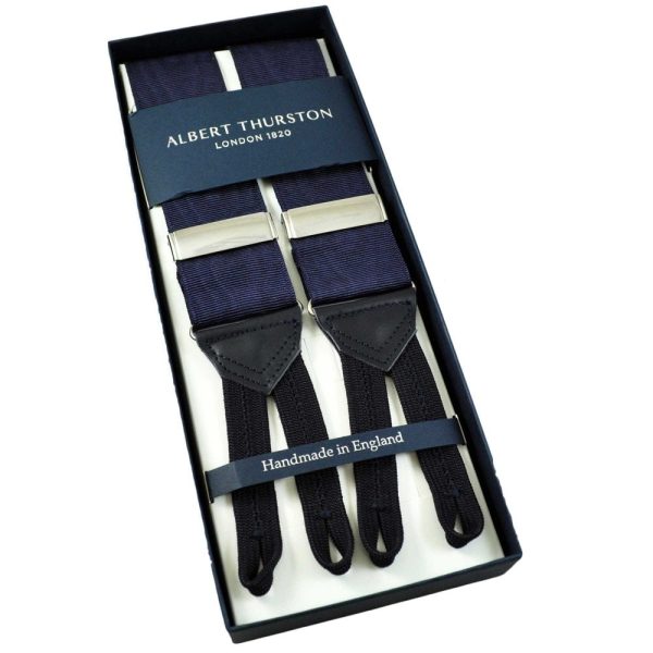 Albert Thurston Trouser Braces - Navy Blue Moire with Silver Sliders, Navy Leather and Navy Braid Ends