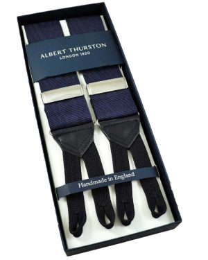 Albert Thurston Trouser Braces - Navy Blue Moire with Silver Sliders, Navy Leather and Navy Braid Ends