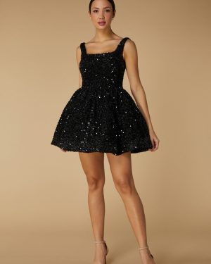 Albie Sequin Mini Dress with Voluminous Skirt, UK 18 / US 14 / EU 46 / Black Sequins