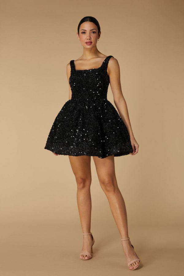 Albie Sequin Mini Dress with Voluminous Skirt, UK 18 / US 14 / EU 46 / Black Sequins