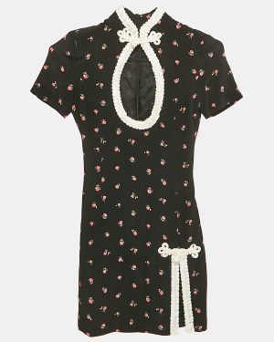 Alessandra Rich Black Floral Print Silk Braided Cut-Out Mini Dress XS
