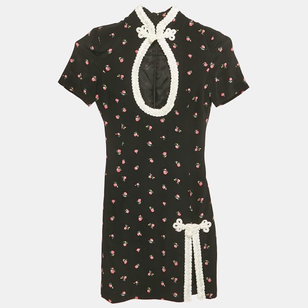Alessandra Rich Black Floral Print Silk Braided Cut-Out Mini Dress XS