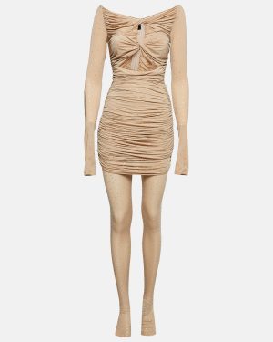 Alex Perry Beige Studded Jersey Ruched Dress and Leggings Set M