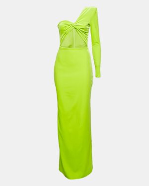 Alex Perry Lime Green Velvet Cut-Out Detail One Shoulder Maxi Dress M
