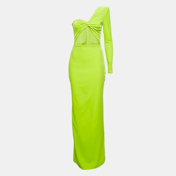 Alex Perry Lime Green Velvet Cut-Out Detail One Shoulder Maxi Dress M
