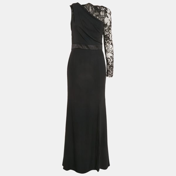 Alexander McQueen Black Lace Trim Crepe Asymmetric Sleeve Maxi Dress M