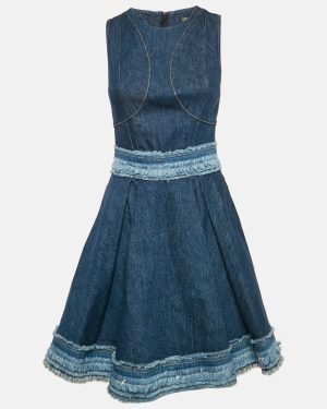Alexander McQueen Blue Denim Raw Edge Flared Mini Dress S