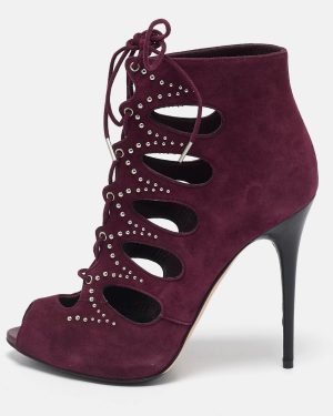 Alexander McQueen Burgundy Suede Ankle Length Studded Cut Out Ankle Boots Size 37