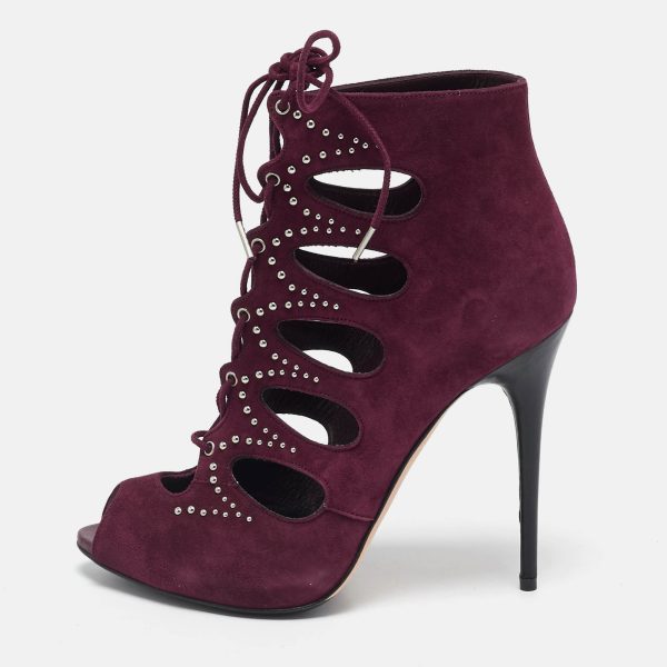 Alexander McQueen Burgundy Suede Ankle Length Studded Cut Out Ankle Boots Size 37