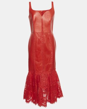 Alexander McQueen Red Leather and Lace Peplum Midi Dress M