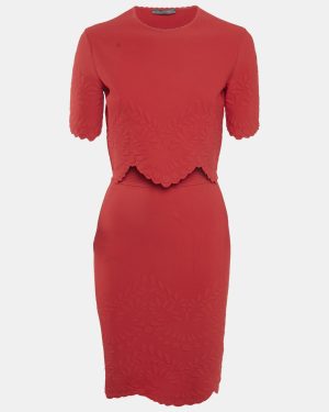 Alexander McQueen Red Textured Stretch Knit Scallop Hem Top and Skirt Set M/XS
