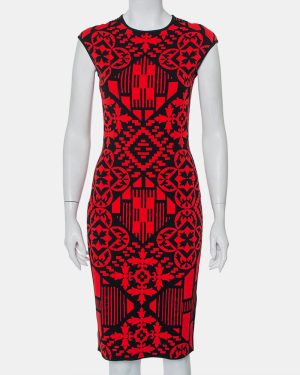 Alexander McQueen Red & Black Jacquard Knit Sheath Dress M