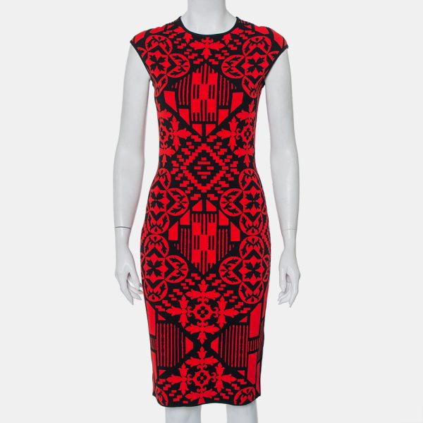 Alexander McQueen Red & Black Jacquard Knit Sheath Dress M