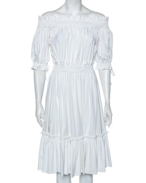 Alexander McQueen White Cotton Ruched Tiered Off Shoulder Midi Dress M