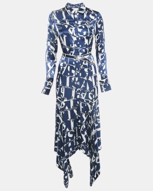 Alexis Blue/White Monogram Satin Asymmetric Marvella Dress XS