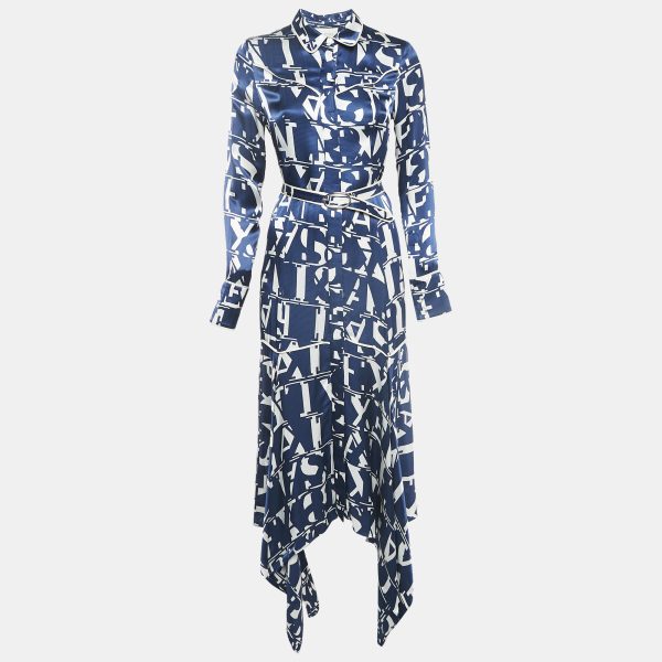 Alexis Blue/White Monogram Satin Asymmetric Marvella Dress XS