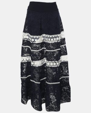 Alexis Navy Blue/White Lace Embroidered Maxi Skirt L