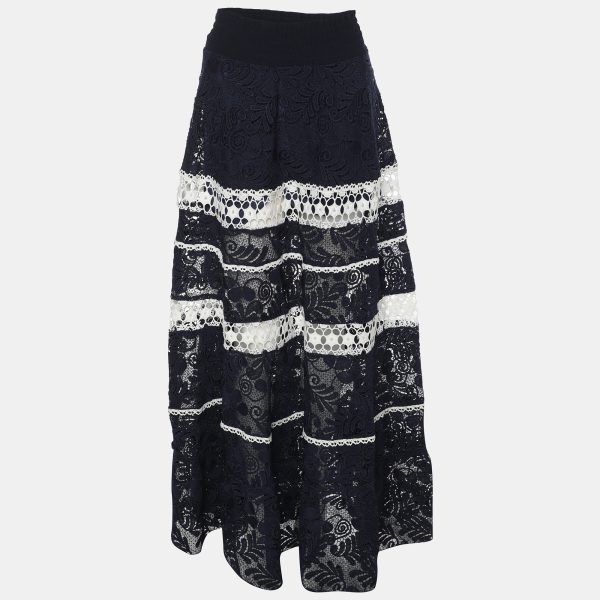 Alexis Navy Blue/White Lace Embroidered Maxi Skirt L
