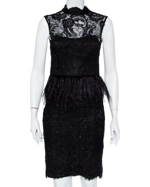 Alice + Olivia Black Embellished Lace & Feather Trim Patricia Peplum Dress S