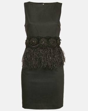 Alice + Olivia Black Feather Trim Crepe Marigay Rosette Peplum Dress S