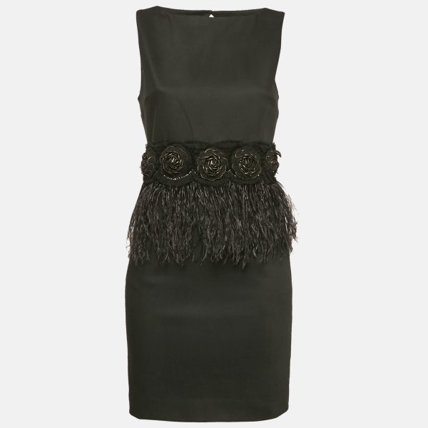 Alice + Olivia Black Feather Trim Crepe Marigay Rosette Peplum Dress S